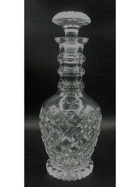 Three Ringed Georgian Style Diamond Cut Glass Decanter W/Stopper 11.5 Inches